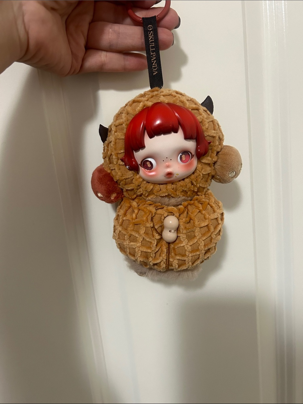 Skull Panda Pop Mart Kids Pranky Peanut Plush Keychain - Red Hair, Tan Outfit
